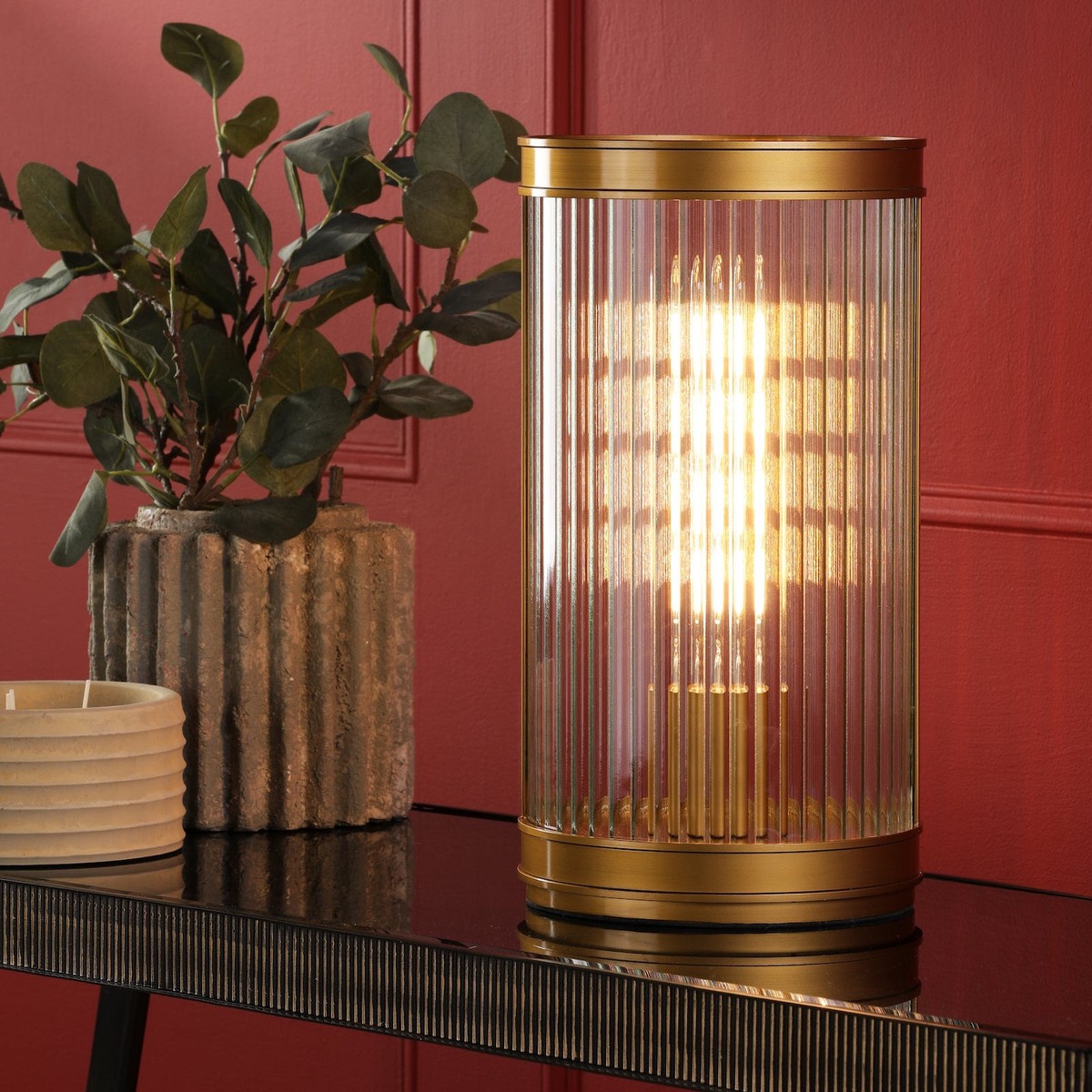 Bianka Table Lamp In Satin Bronze with Ribbed Glass