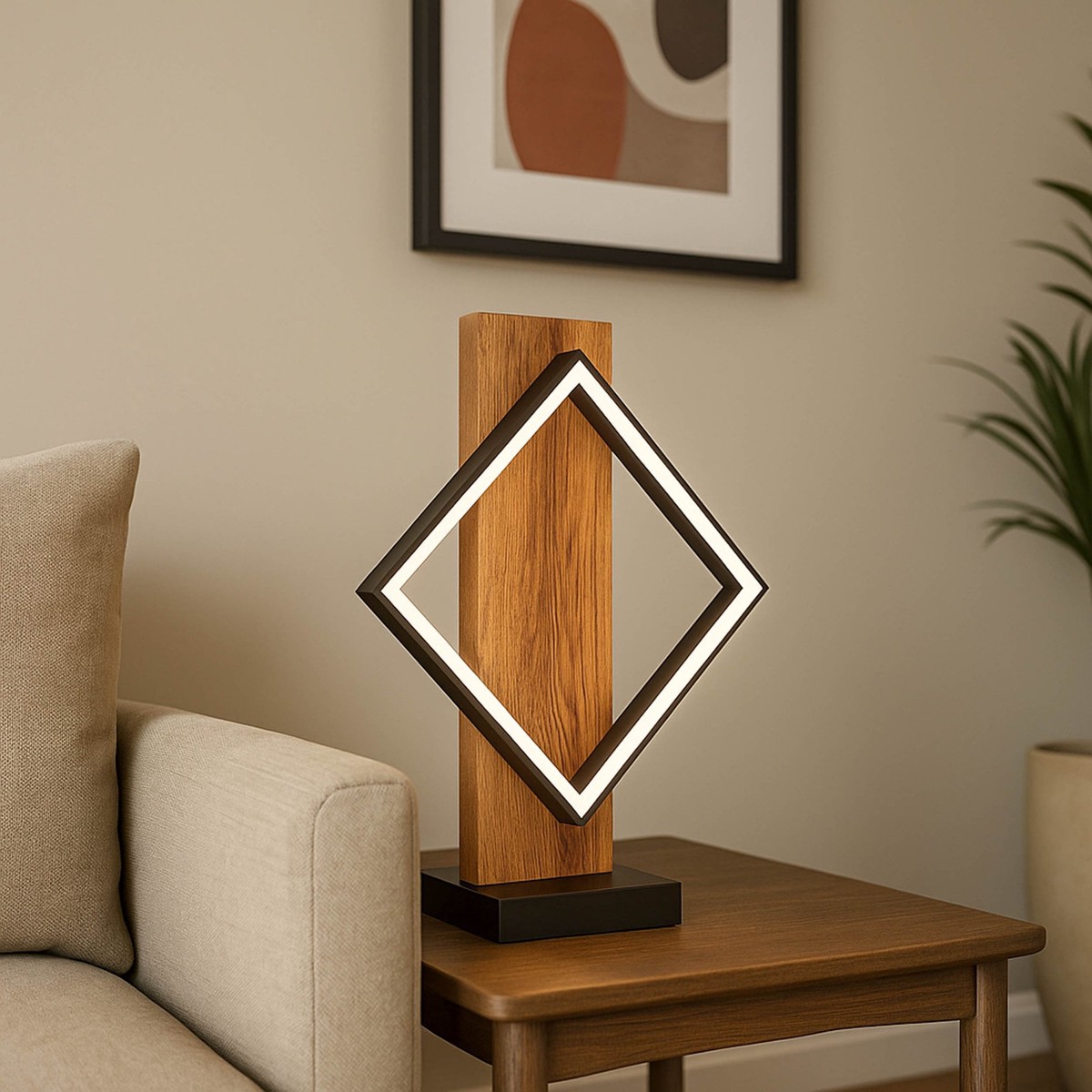 Boyal Angular LED Table Lamp in Rustic Wood with Black Frame