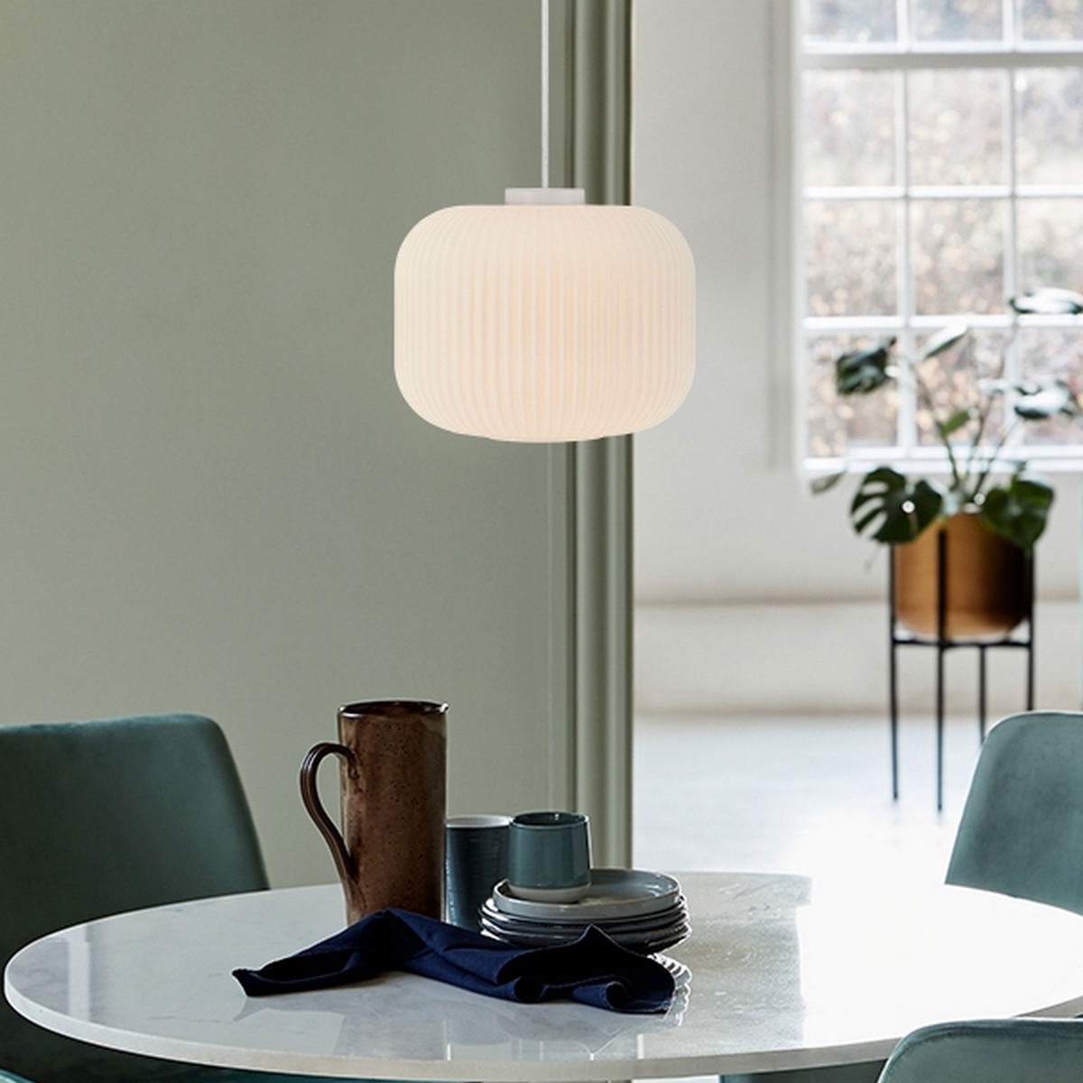Milford 30 Pendant in White with Ribbed Opal Glass Shade