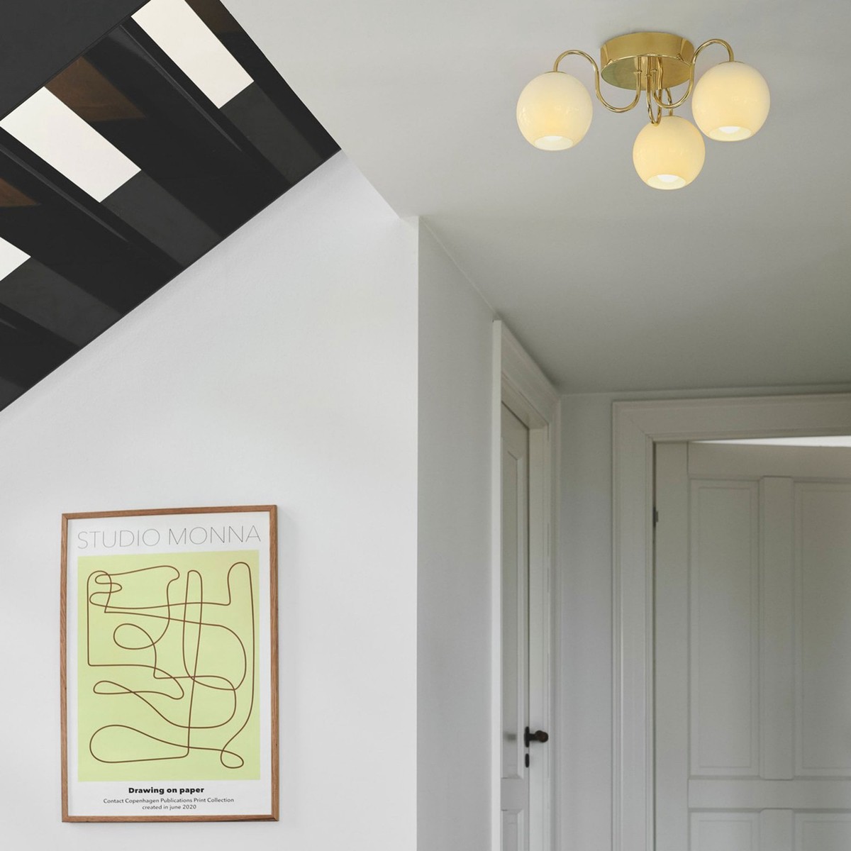 Franca Semi Flush Ceiling Light In Brass with Opal Glass Diffusers