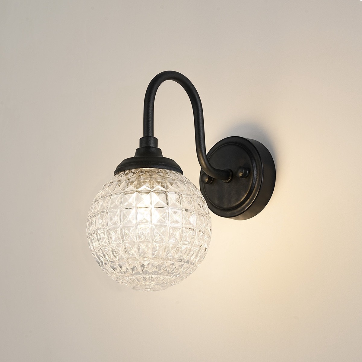 Loughton IP44 Curved Arm Wall Light in Satin Black with Cross Pattern Round Glass Clear Diffuser