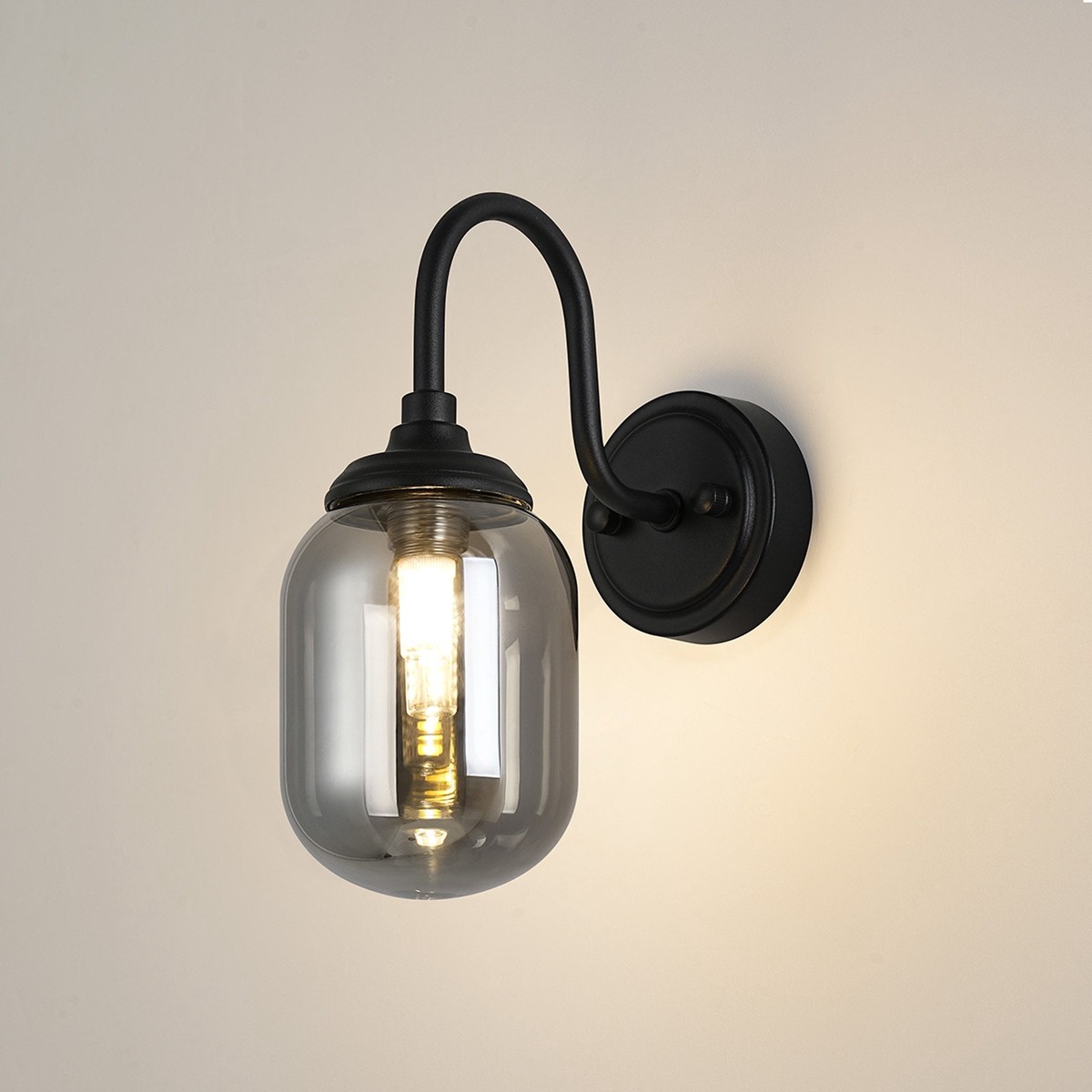 Loughton IP44 Curved Arm Wall Light in Satin Black with Smooth Tubular Glass Smoked Diffuser