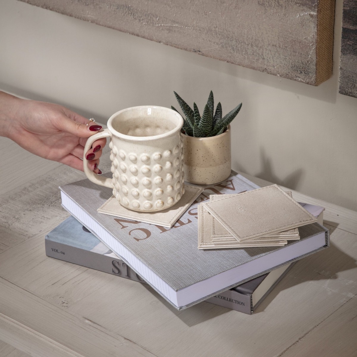 Set of 6 Ivory Faux Shagreen Coasters