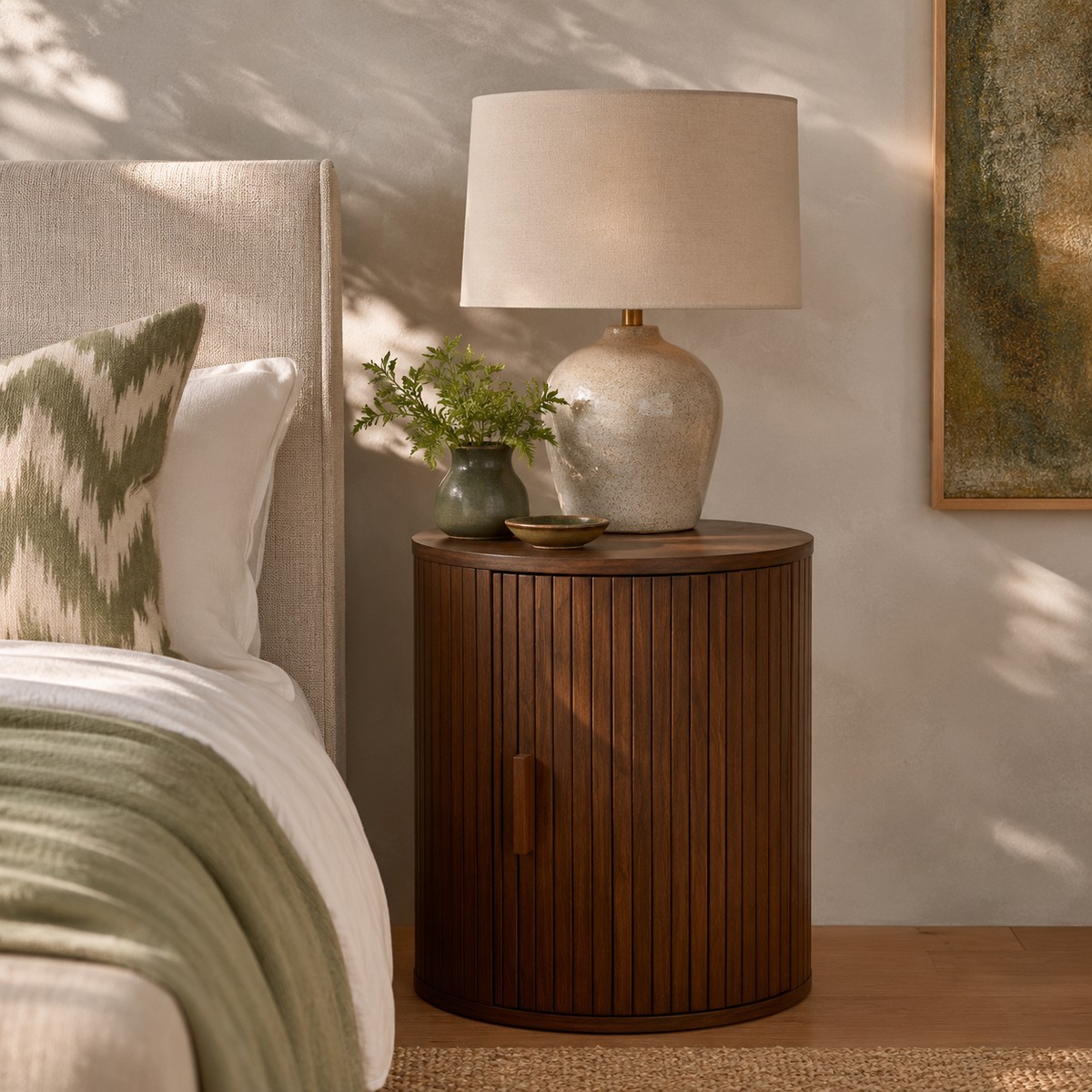 Dark Brown Walnut Round Bedside Table